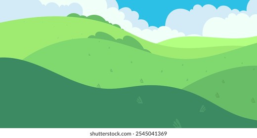 Cartoon Landscape of Rolling Green Hills Under a Fluffy Cloud Sky