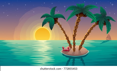Cartoon landscape with small Tropical Island at sunset. 