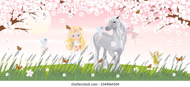 Paisaje de caricaturas de primavera con princesa linda, unicornio y hadas pequeñas que vuelan con mariposa en la flor de hierba silvestre y flor de cerezo, escena de primavera con muchacha feliz y caballo caminando por el árbol Sakura