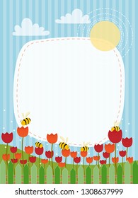Cartoon landscape of Spring field with red and orange tulips and family bee flying, illustration of cute honey Bee collecting pollen on flowers in summer on blue stripe Spring or Summer background