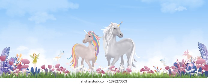 Cartoon landscape of spring with unicorn and cute little fairies flying on wild grass flower,Background Summer fields with family horse walking on green meadow on sunny day.