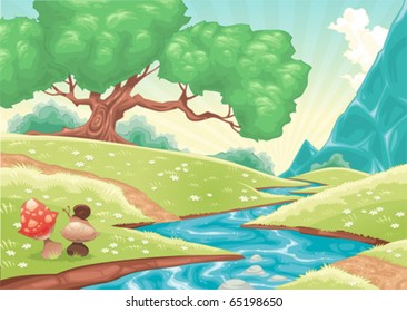 Cartoon landscape with stream. Vector illustration.