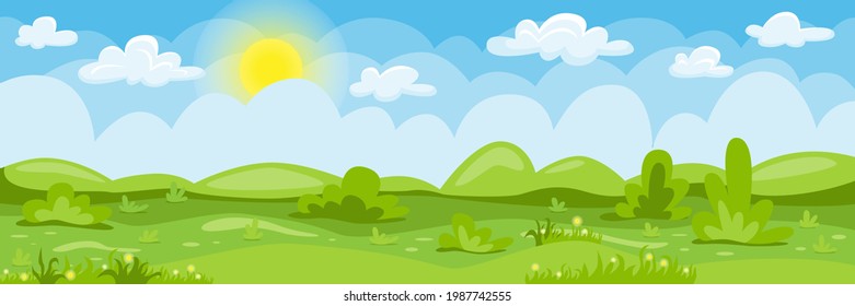 Cartoon landscape. Summer background with cloudy blue skies, green hills, grass, trees and flowers. Vector illustration, cartoon flat background