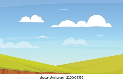 Cartoon landscape summer green fields view spring lawn hill and blue sky