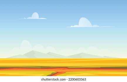 Cartoon-Landschaft Sommergrüne Felder mit Blick auf den Frühlingshügel und den blauen Himmel