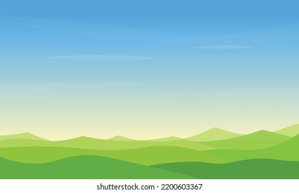 Cartoon landscape summer green fields view spring lawn hill and blue sky