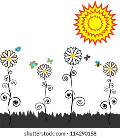 Cartoon landscape with sun and flowers