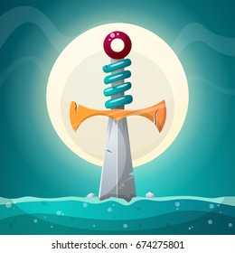 Cartoon landscape and sword illustration. Vector, eps 10