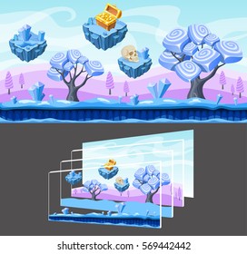 Cartoon landscape template for game design with futuristic trees minerals skull chest and separated layers vector illustration 