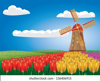 Cartoon landscape with a traditional windmill and tulip flowers.