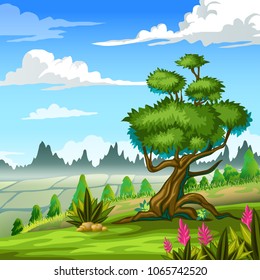 Paisagem de desenhos animados com árvore na frente e flores