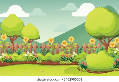 Cartoon landscape with trees and flowers