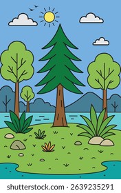 Cartoon landscape with trees, sun, clouds, birds, mountains and a body of water scene