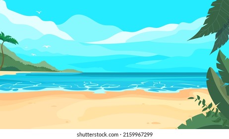 Cartoon landscape of a tropical beach with sand, tropical plants and an island on the horizon.