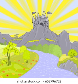 Cartoon landscape. Vector. Castle. Tower. Illustration for kids. Fairy tale mountains. Awesome background. Sunny day. Blossom glade. River. Fantastic world. Illustration for kids.