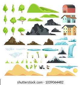 Cartoon landscape vector elements with mountains, hills, tropical trees and buildings. Hill and mountain nature illustration