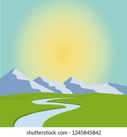 cartoon landscape, vector unending background with desert landscape, herbs, mountains and sky. Vector landscape. Flat landscape