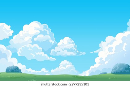 Paisaje de caricaturas con nubes blancas en el cielo. Antecedentes con nubes y hermosos campos, veraniego verde colina de campo, paisaje pradera, tierra natural de primavera. Ilustración vectorial. El césped exterior, el día soleado