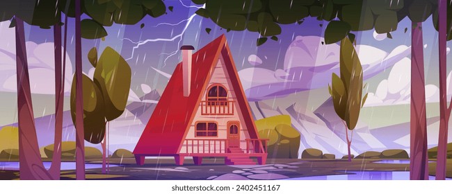 Cartoon landscape with wooden house in forest near mountains under cloudy sky, falling rain drops and lightning. Vector illustration of cabin made of wood during rainy weather and thunder storm.