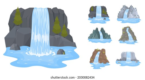 Cartoon-Landschaften mit Bergen und Bäumen auf weißem Hintergrund. Cartoon Set Symbol Fluss Kaskade. Schöne touristische Attraktion mit kleinem Wasserfall und klarem Wasser. Vektorgrafik, eps10.