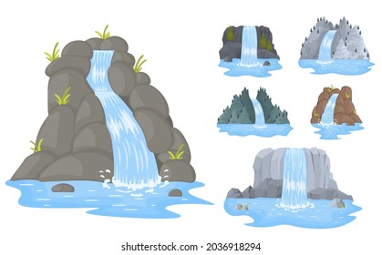 Cartoon landscapes with mountains and trees on white background. Cartoon set icon river cascade. Picturesque tourist attraction with small waterfall and clear water. Vector illustration, eps 10.