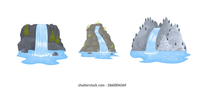 Cartoon landscapes with mountains and trees. River waterfall falls from cliff on white background. Picturesque tourist attraction with small waterfall and clear water. Vector illustration.