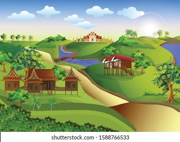 Cartoon landscap.Panorama view of local landscape with green meadow, tree with house and temple in Thai styles