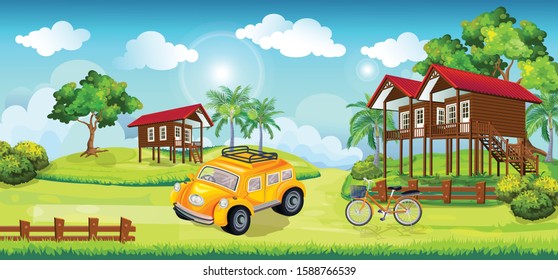 Cartoon landscap.Panorama view of local landscape with green meadow, tree with house , car and bicycle