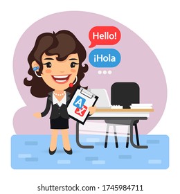 Cartoon language translator concept with businesswoman says hello standing in front of the desk in office. Composition with a professional. Flat female character.