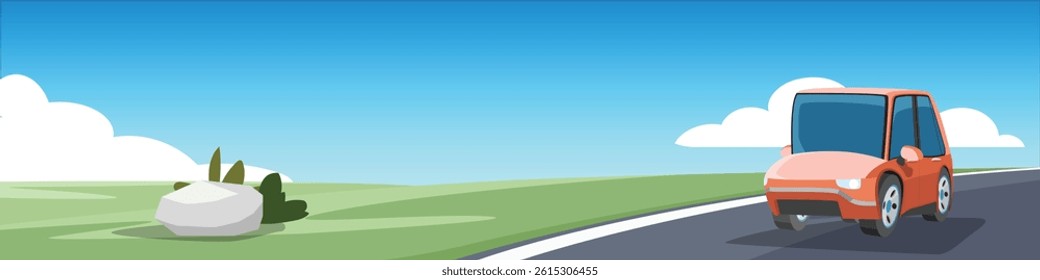 Cartoon lanscape vector of mini car driving on the asphalt road. Wide grasslands and rolling hills. Under blue sky and white clouds.