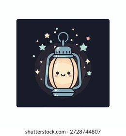 A cartoon lantern with a smiling face surrounded by stars