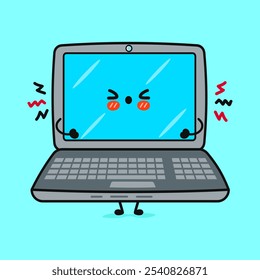 Cartoon Laptop with a angry face. Vector hand drawn cartoon kawaii character illustration icon. Isolated on blue background. Sad Laptop character concept