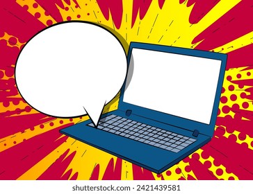 Cartoon Laptop with blank speech bubble, comic book Notebook background. Retro vector comics pop art design.