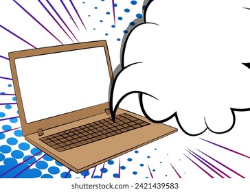 Cartoon Laptop mit Blankoblase, Comic-Notebook-Hintergrund. Retro Vektorcomics Pop Art Design.