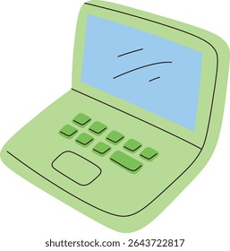 Um laptop de desenho animado com uma tela azul e corpo verde, desenhado em um estilo divertido. O dispositivo apresenta um teclado e um touch pad de uma maneira peculiar. Ilustração de vetor de desenhos animados.