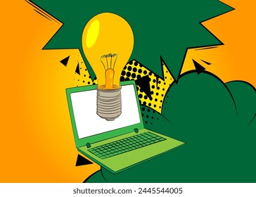 Cartoon Laptop, comic book Notebook with Light Bulb. Retro vector comics pop art design.