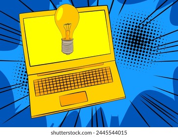 Cartoon Laptop, comic book Notebook with Light Bulb. Retro vector comics pop art design.