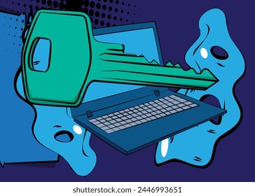 Cartoon Laptop, comic book Notebook with Key. Retro vector comics pop art design.