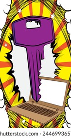Portátil de dibujos animados, cuaderno de cómic con llave. Cómics de Vector retro diseño de arte pop.