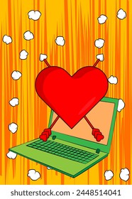 Cartoon Laptop, comic book Notebook with Heart, Valentine's Day Symbol. Retro vector comics pop art design.