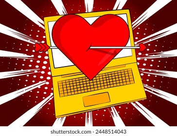 Cartoon Laptop, comic book Notebook with Heart, Valentine's Day Symbol. Retro vector comics pop art design.