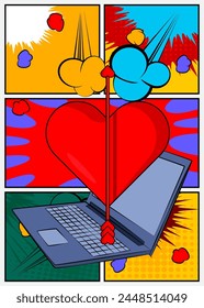 Cartoon Laptop, comic book Notebook with Heart, Valentine's Day Symbol. Retro vector comics pop art design.