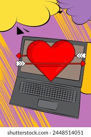 Cartoon Laptop, comic book Notebook with Heart, Valentine's Day Symbol. Retro vector comics pop art design.