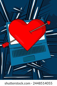 Cartoon Laptop, comic book Notebook with Heart, Valentine's Day Symbol. Retro vector comics pop art design.