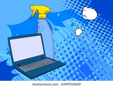 Cartoon Laptop, comic book Notebook with Window Washer, Cleaning Product. Retro vector comics pop art design.