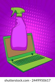 Portátil de dibujos animados, cuaderno de cómic con lavavajillas, Producto de limpieza. Cómics de Vector retro diseño de arte pop.