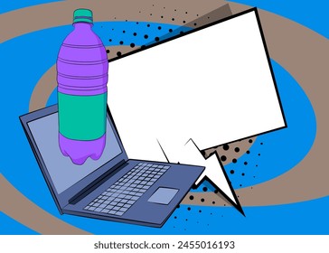 Cartoon Laptop, comic book Notebook with Water Bottle. Retro vector comics pop art design.