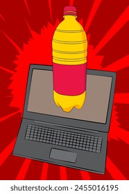 Cartoon-Laptop, Comic-Notebook mit Wasserflasche. Retro Vektorgrafik Comics Pop Art Design.
