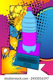 Portátil de dibujos animados, cuaderno de cómic con botella de agua. Cómics de Vector retro diseño de arte pop.