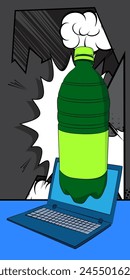Portátil de dibujos animados, cuaderno de cómic con botella de agua. Cómics de Vector retro diseño de arte pop.